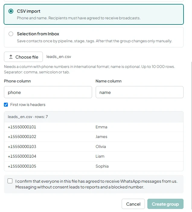 CSV column mapping with a preview of the first five rows and the required recipient consent checkbox.