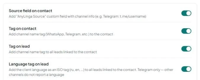 The “Automations” tab with “Source field on contact,” “Tag on contact,” “Tag on lead,” and “Language tag on lead” enabled.
