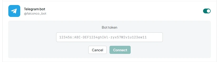 The “Bot token” field and the Connect and Cancel buttons.