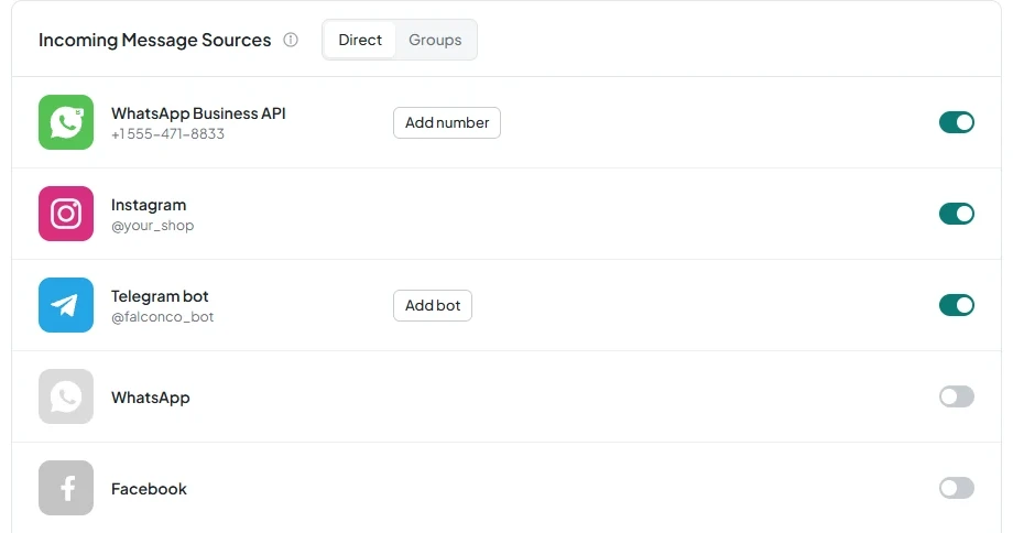 The “Channels” page with “Incoming Message Sources” and the “Instagram” and “Facebook” rows with toggles.