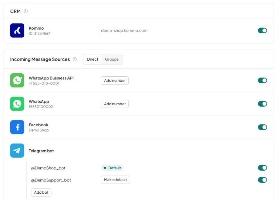 The “Channels” page of a new dashboard for Kommo, showing the “CRM” and “Incoming Message Sources” blocks and the “Direct” and “Groups” tabs.