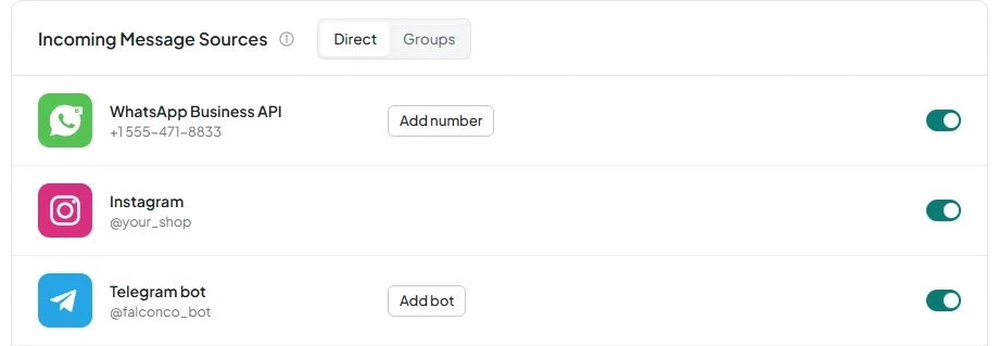 The “Channels” page with “Telegram bot” and “Telegram personal account” rows under Incoming Message Sources.