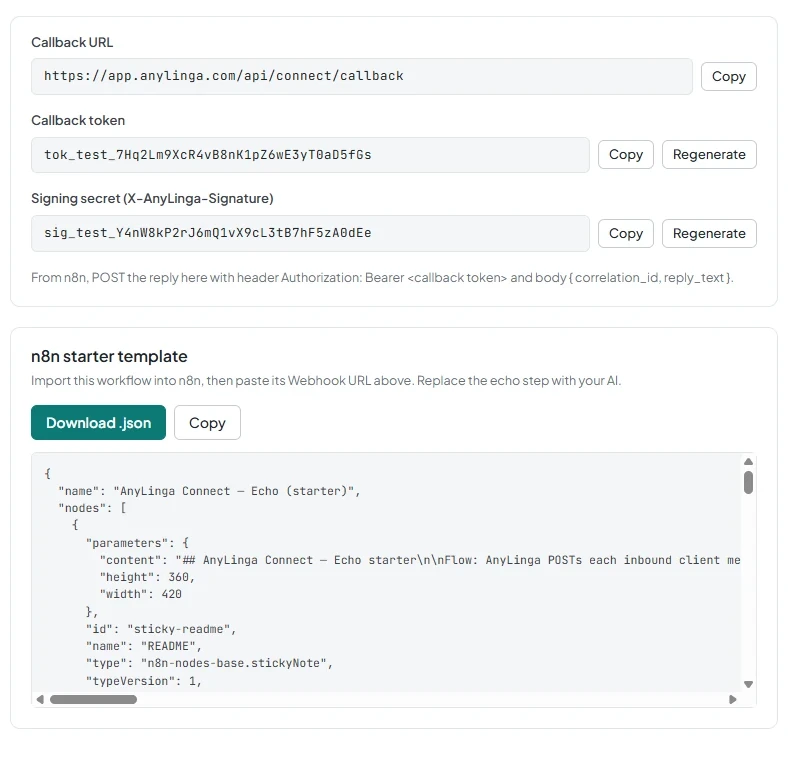 The Callback URL, callback token, and signing secret fields, along with the starter template section and its “Download .json” button.