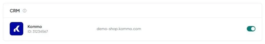 The Kommo row in the CRM block shows the account ID, a link to the account address, and the toggle turned on.