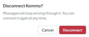 The "Disconnect Kommo?" dialog shows a warning and the "Disconnect" and "Cancel" buttons.
