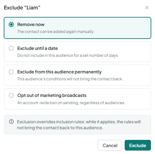 The “Exclude” menu in an audience, showing exclusion options and the marketing opt-out option.
