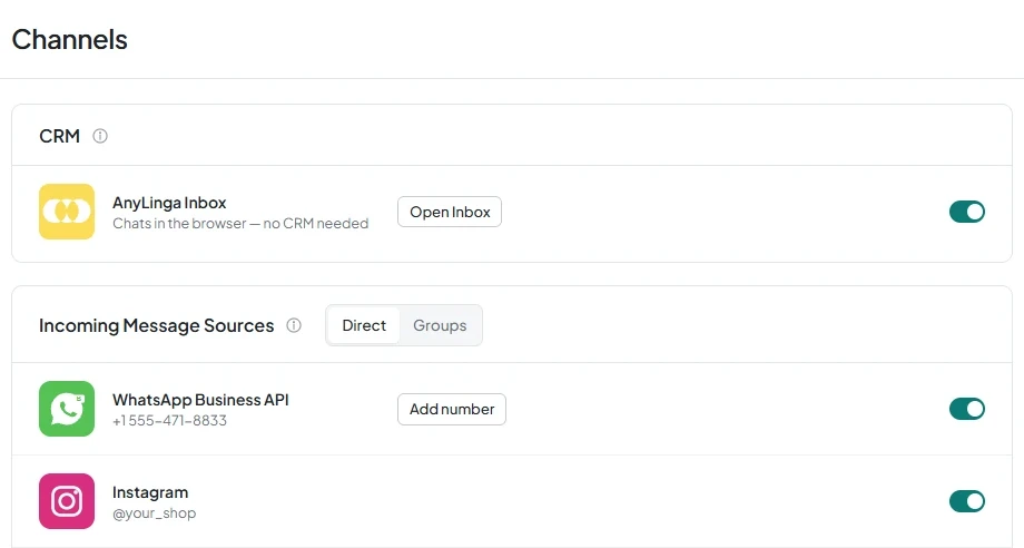 The “Channels” section in the AnyLinga workspace with the “AnyLinga Inbox” card labeled “Chats in the browser — no CRM needed”.