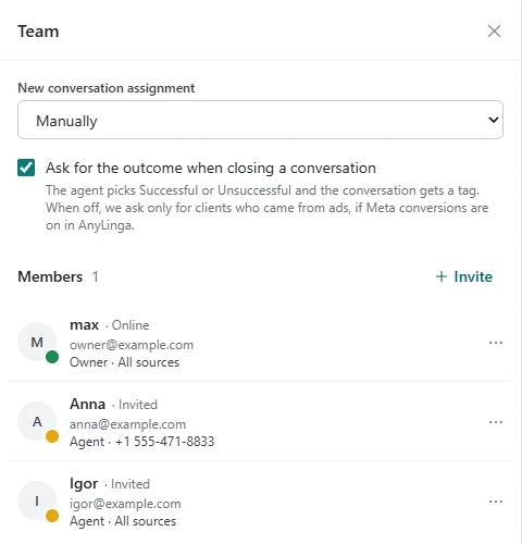 The “Team” section in Inbox with employee roles, source access, and the “New conversation assignment” setting.