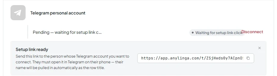 The “Setup link ready” window with “Open link” and “Copy” buttons and personal account connection statuses.