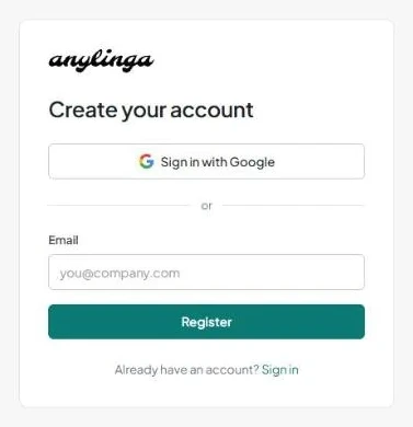 The “Create your account” page with the “Sign in with Google” button, “or” divider, “Email” field, and “Register” button.