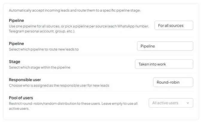The “For all sources” mode with “Pipeline”, “Status”, and “Responsible user” fields, with “Round-robin” selected and “Pool of users” displayed.