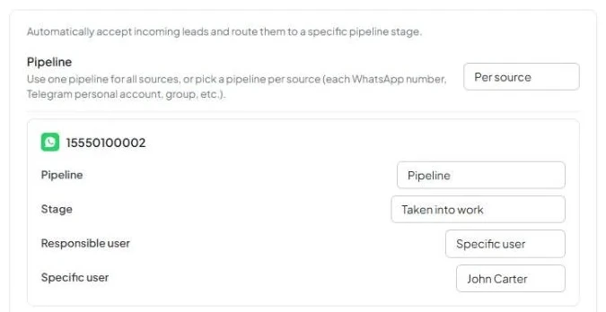 The “Per source” mode: a source card with its own pipeline, stage, and responsible user.