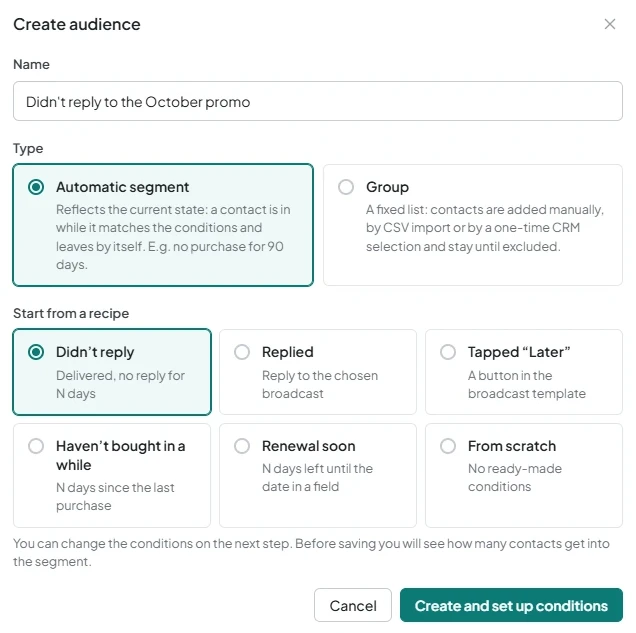 The “Create audience” window with the “Automatic segment” type and the “Didn’t reply” recipe selected.