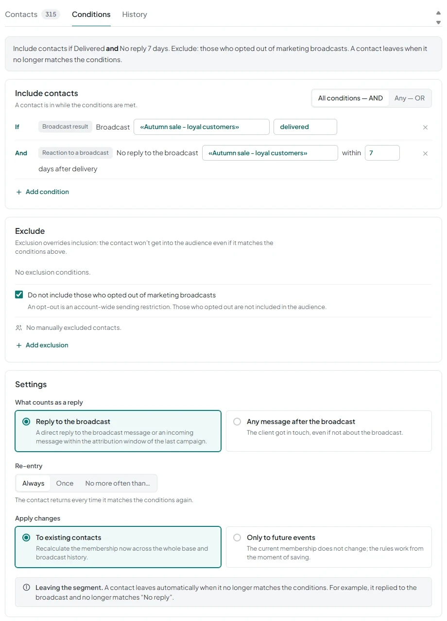 The “Conditions” tab with the “No reply {{d}}” rule and the “Settings” card.