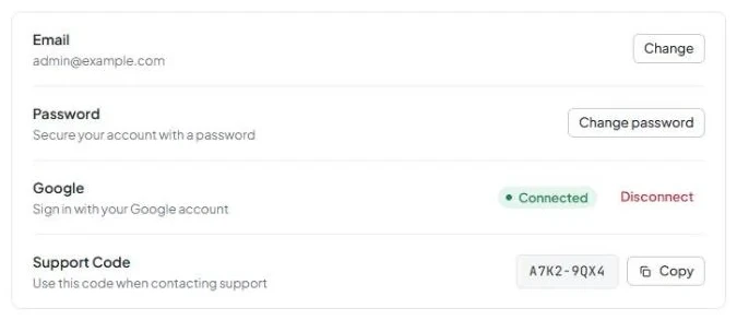The “Account” tab in settings with the “Email”, “Password”, “Google”, and “Support Code” rows and the “Copy” button.