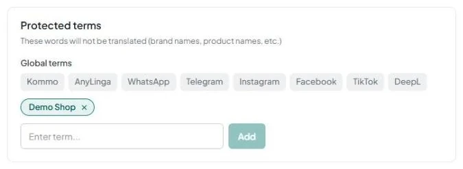 The “Protected terms” card: gray global terms, custom terms with “×”, the “Enter term...” field, and the “Add” button.