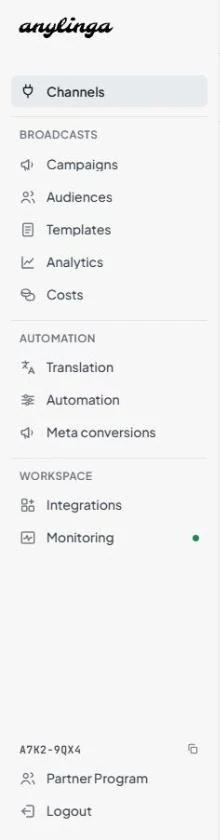 The full dashboard sidebar with “Channels” and the “Broadcasts,” “Automation,” and “Workspace” sections. The screenshot caption (alt text) has been aligned with the actual screenshot: “Support” and “Settings.”