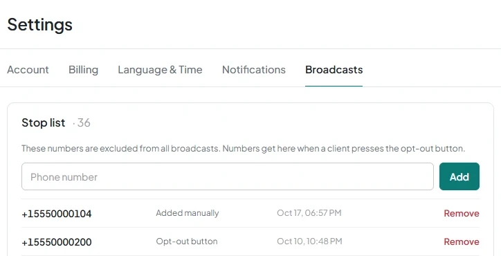The “Stop list” card on the “Broadcasts” tab in settings, showing the phone number field and entry sources.