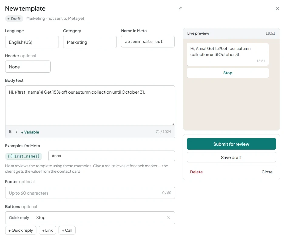The template editor with a variable in the text, an example for Meta, and a “Stop” quick reply button.