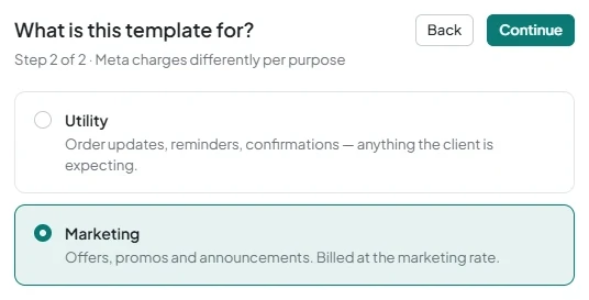 Selecting the “WhatsApp Business template” type and the “Marketing” or “Utility” purpose.