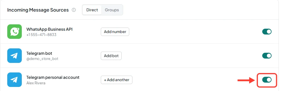 «Incoming Message Sources» section in AnyLinga: «Telegram personal account» is connected, and the toggle is on and highlighted.