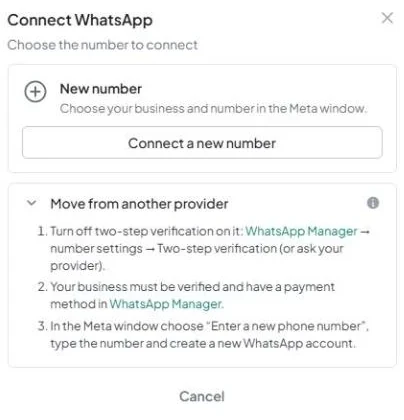 The “Connect WhatsApp” window with the “New number” section, the “Connect a new number” button, and the expanded “Move from another provider” section.