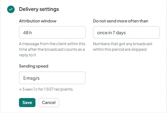 The broadcast wizard at the “Delivery settings” step shows the “Sending speed” field and the time estimate “≈ {t} for {n} recipients.”