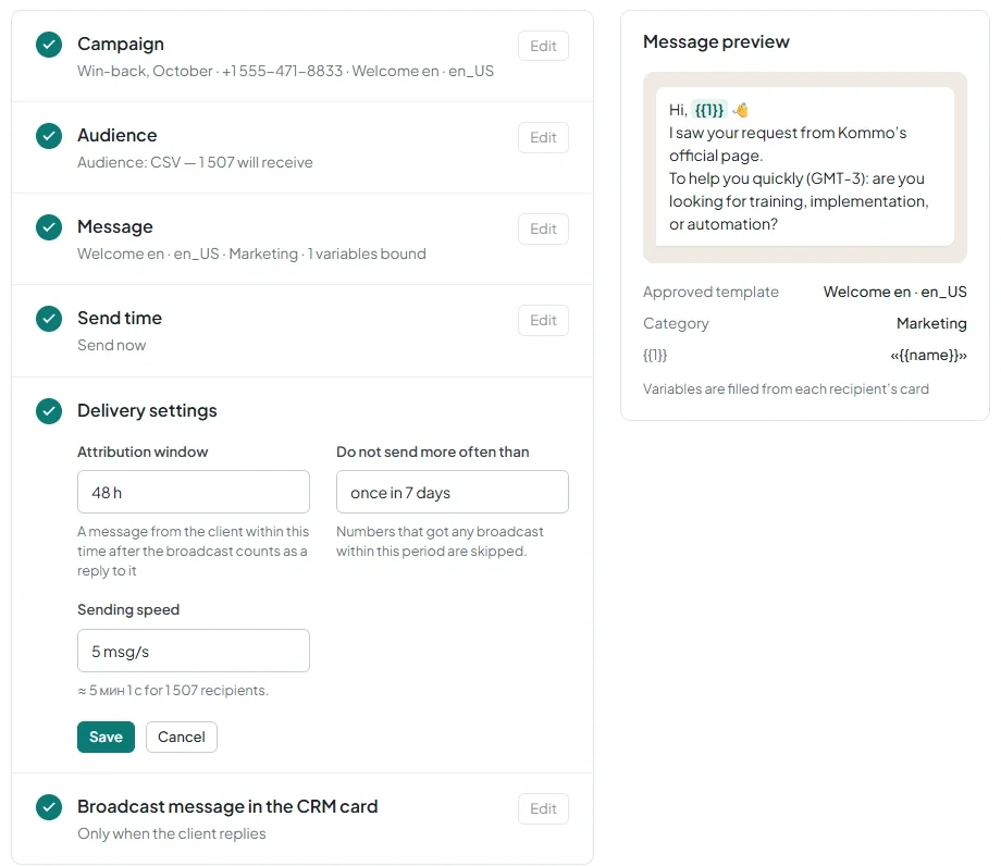 The Delivery settings section with frequency, sending speed, estimated sending time, and attribution window.