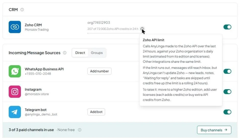 The Zoho CRM row on the Channels page with the usage indicator and the Zoho API limit tooltip open.