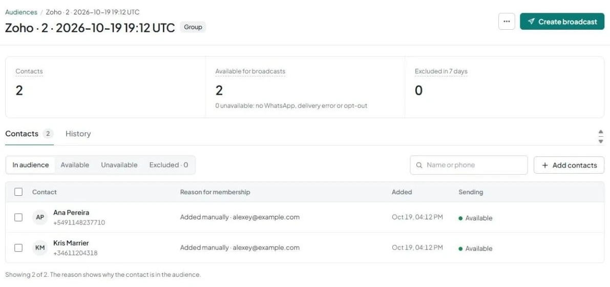 The details of the “Zoho · N · date” group in AnyLinga Audiences, showing the contact list and the “Create broadcast” button.