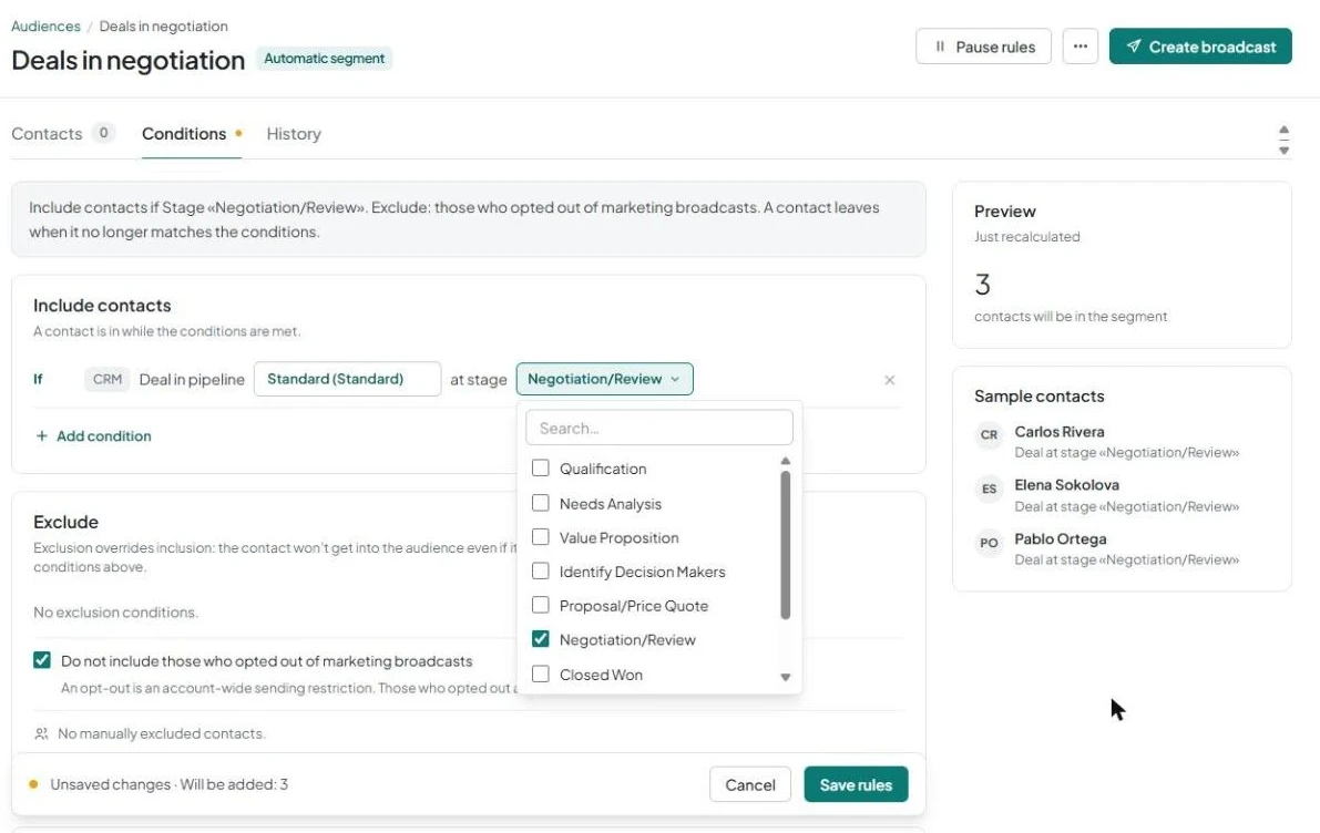 Automatic segment conditions: “Deal in pipeline Standard (Standard) at stage Negotiation/Review,” with the stage list open and the “Preview” block visible.