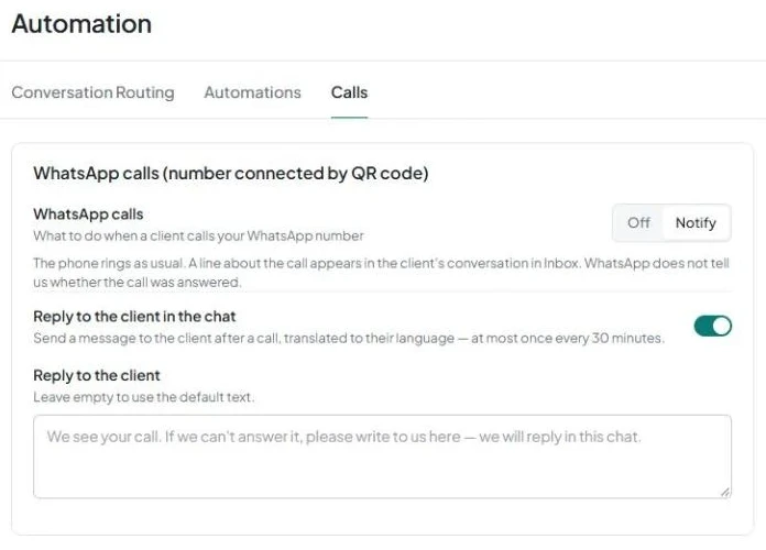 The «Calls» tab with the «WhatsApp calls» and «Reply to the client in the chat» settings and the «Reply to the client» field.