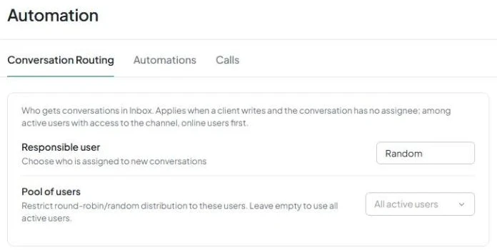 The «Conversation Routing» tab in the «Automation» section of the AnyLinga account, with the «Responsible user» and «Pool of users» fields.