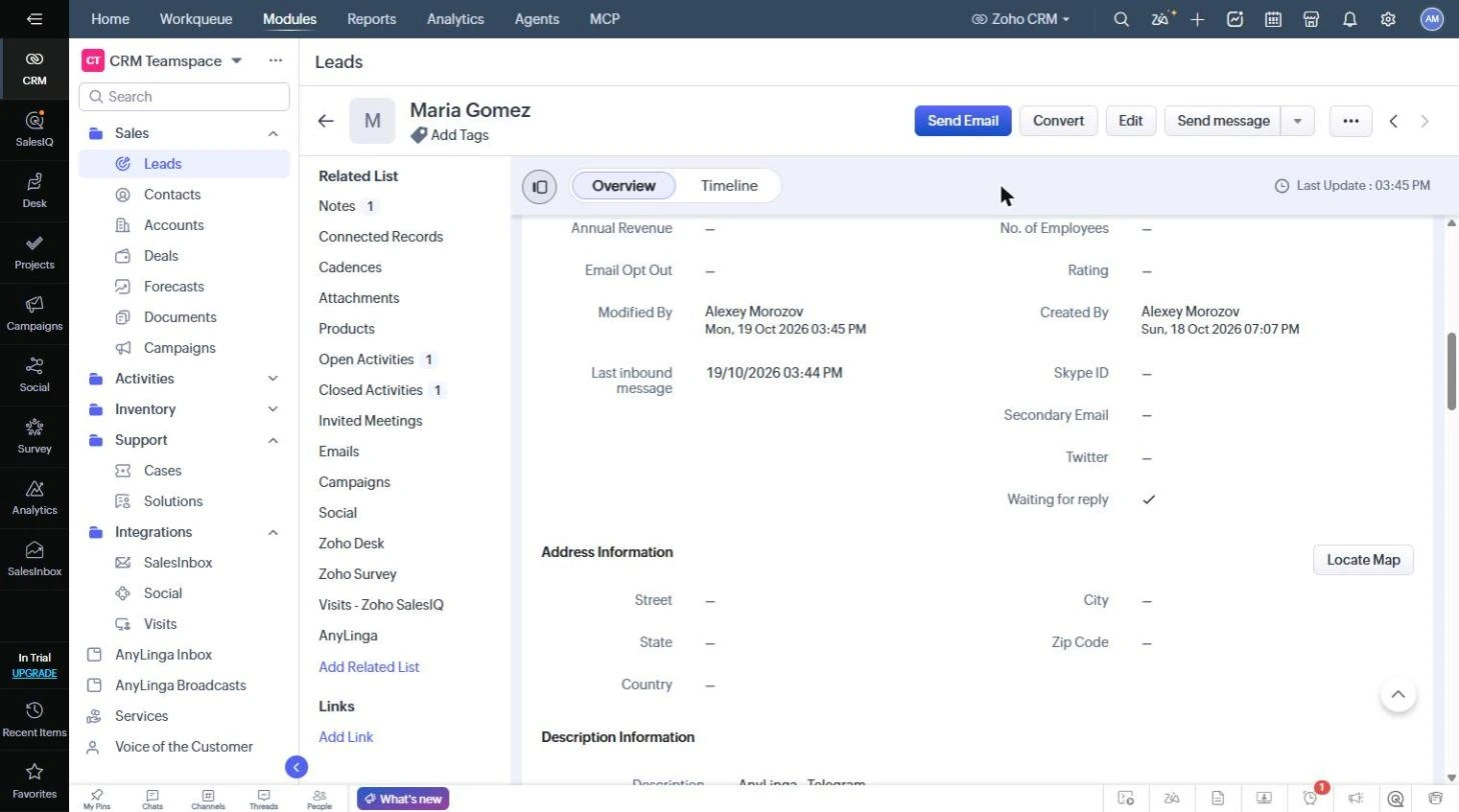 A lead record with the Last inbound message and Waiting for reply fields at the end of the details section.