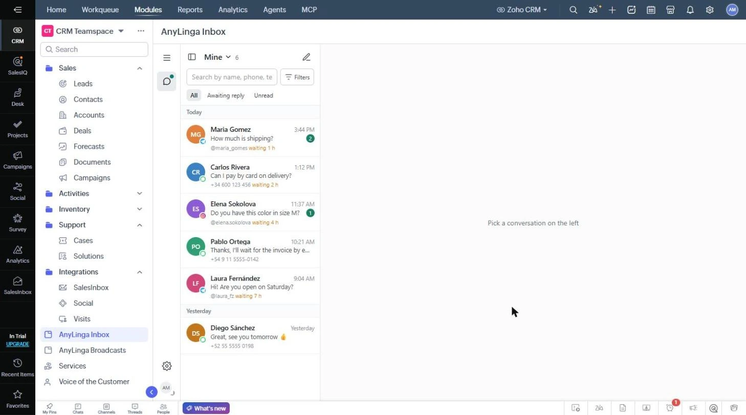 The AnyLinga Inbox tab in Zoho showing the conversation list.