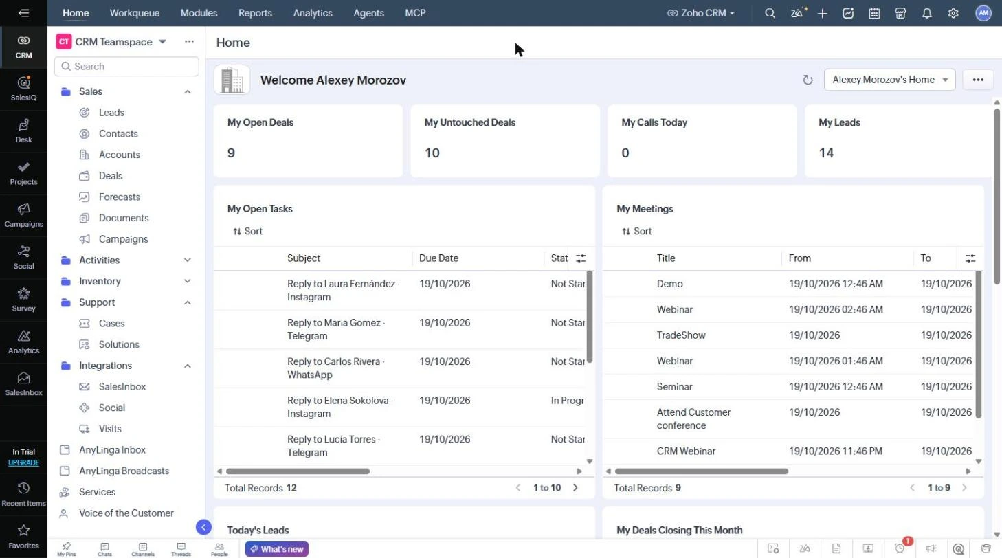 Zoho CRM home page: the AnyLinga Inbox and AnyLinga Broadcasts tabs are visible in the left menu.