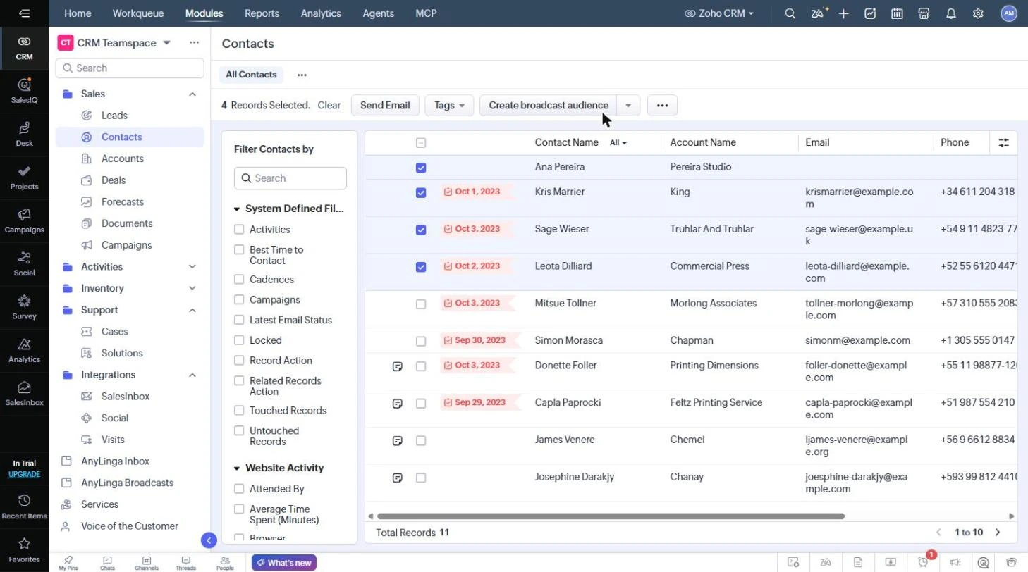 The Contacts list in Zoho with records selected and the Create broadcast audience button visible above the table.