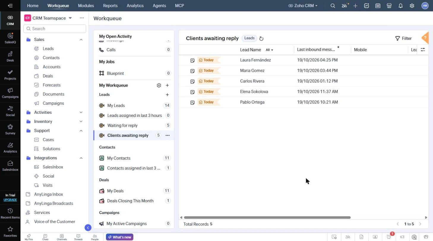 "Workqueue" with the "Clients awaiting reply" queue and a list of clients.