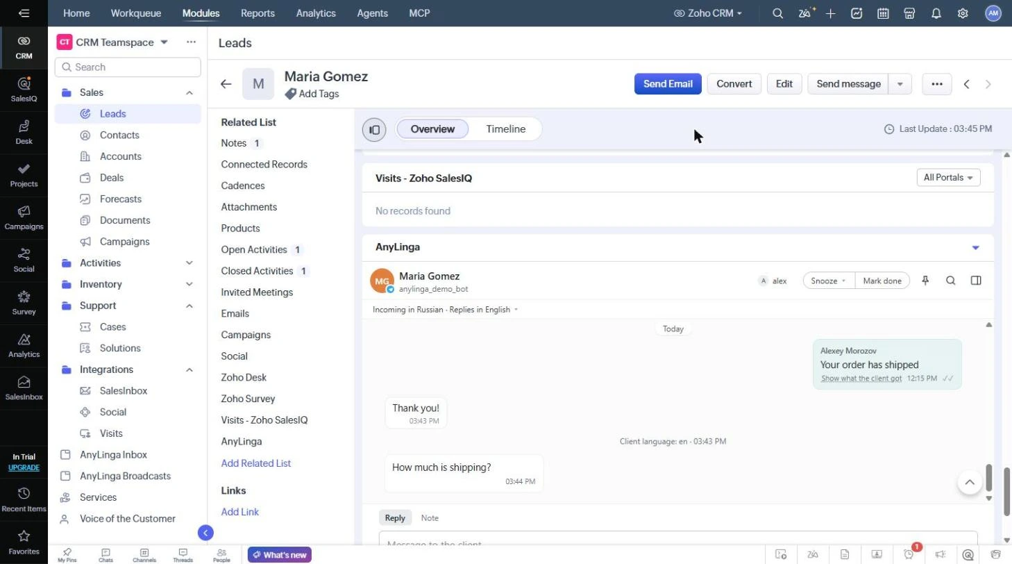 A lead record in Zoho showing the AnyLinga block and the conversation with the client.