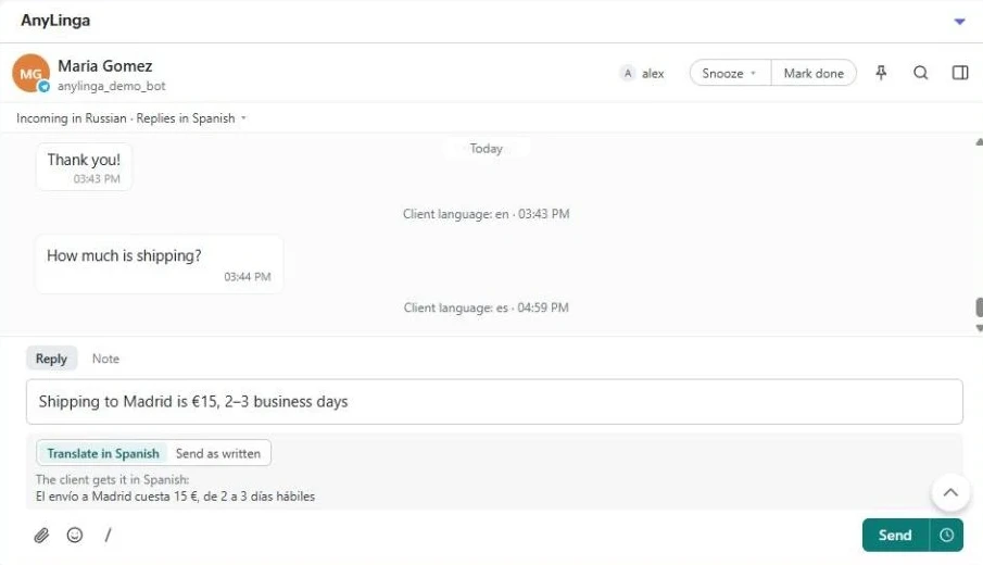 The AnyLinga block in a Zoho record with a reply field, “Translate into English” and “Send as written” buttons, a translation preview, and a “Send” button.