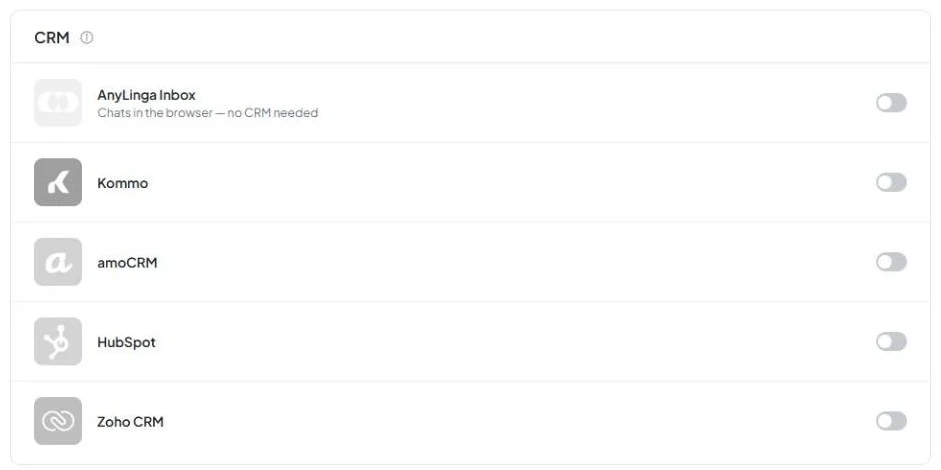 The Channels page, the CRM section, and the Zoho CRM row with the toggle off.