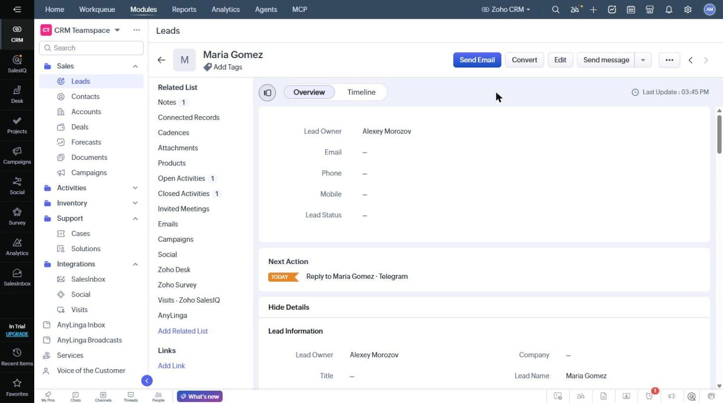 A lead record in Zoho CRM with the Send message button in the header.