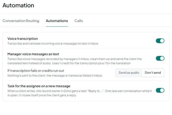 The «Automations» tab with settings for voice transcription, sending manager voice messages as text, and tasks for the assignee.