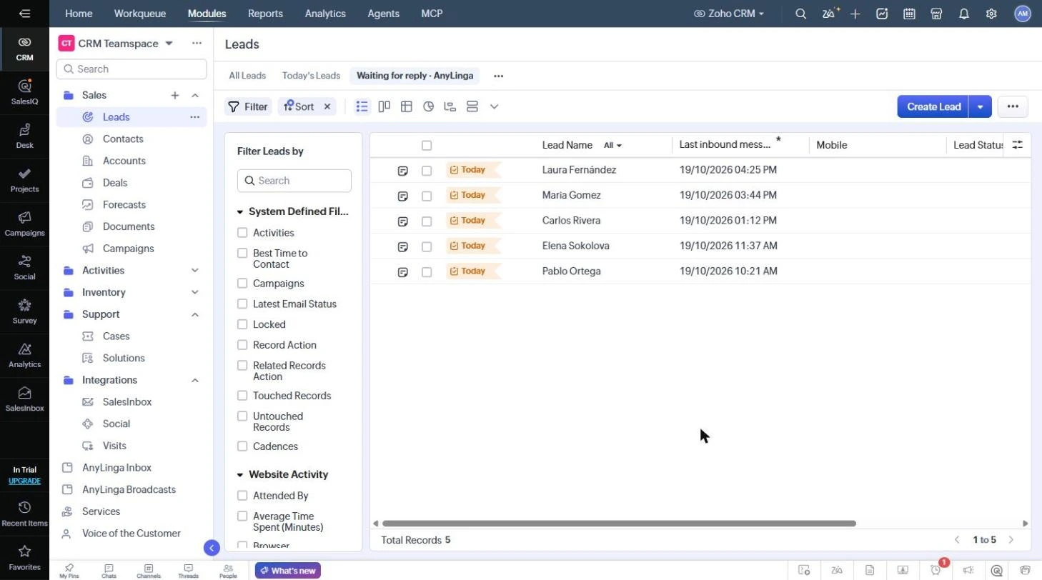 The “Leads” list with the “Waiting for reply · AnyLinga” view selected and the Last inbound message column.