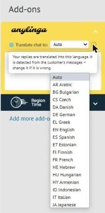 En el panel de AnyLinga está abierta la lista de idiomas de traducción y se muestra la ayuda ⓘ.