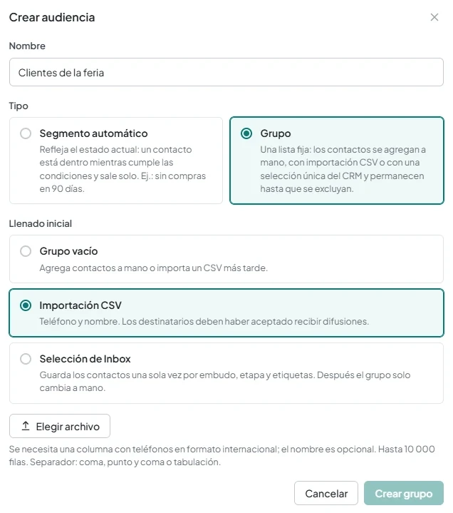 Ventana de creación de audiencia con el nombre, el tipo Group y la opción Importación CSV en el bloque Llenado inicial.
