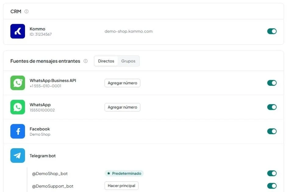 Página «Canales» de una cuenta nueva para Kommo, con los bloques «CRM» y «Fuentes de mensajes entrantes» y las pestañas «Directos» y «Grupos».