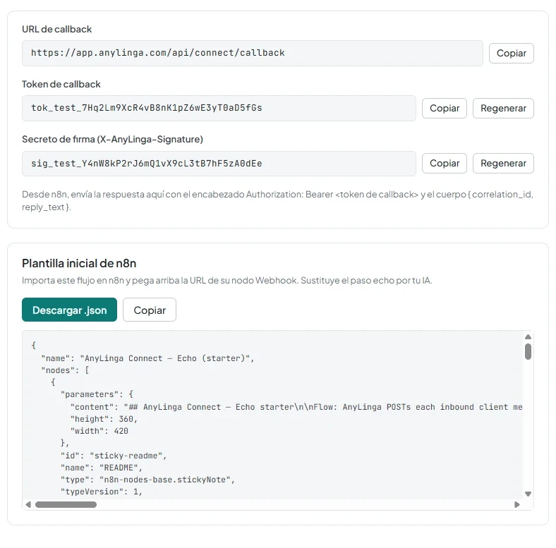 Campos de URL de callback, token y secreto de firma, junto con el bloque de la plantilla inicial y el botón «Descargar .json».