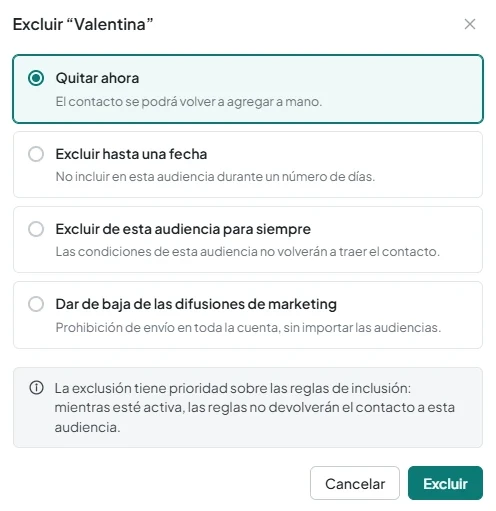 Menú «Excluir» de la audiencia con las opciones de exclusión y de baja de las difusiones de marketing.