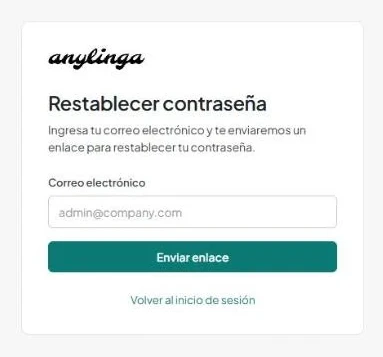 Página «Restablecer contraseña» con el campo de correo electrónico y el botón «Enviar enlace».